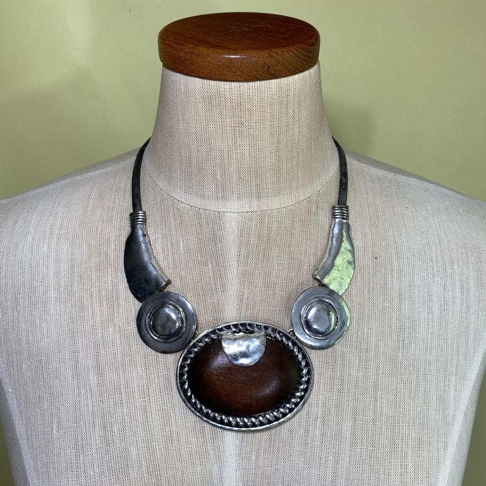 Metal and Wood Necklace 20” Long with a 3” x 2 1/4” Centerpiece. Lobster Clasp